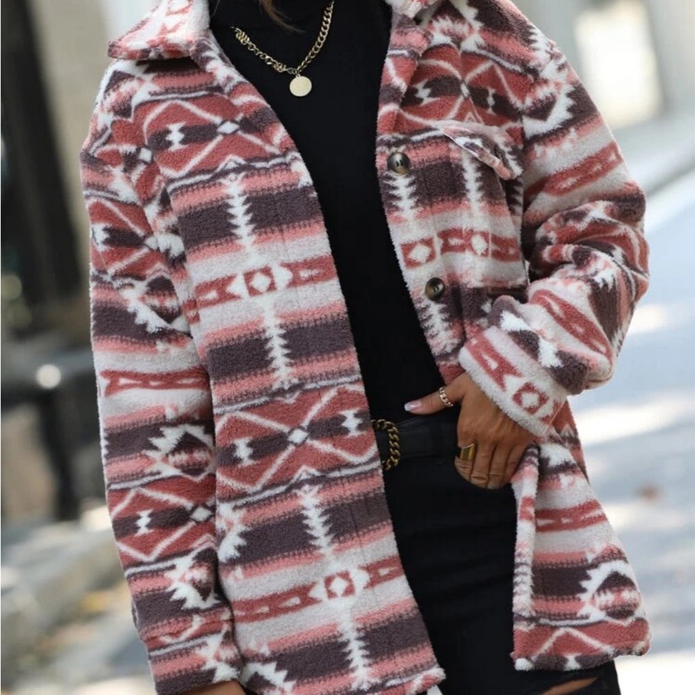 Geo Pattern Flap Pocket Flannel Coat